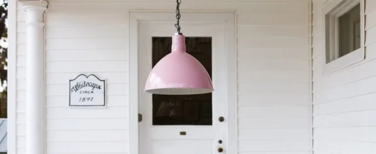 Deep Bowl Pink Chain Hung Lighting with White Farmhouse Background