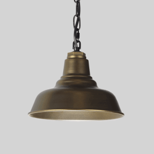 Brassy Golden Coloured Industrial Pendant with Black Chain on Grey Background