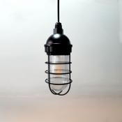 Atomic Industrial Barn Pendant in Electro Black Ace w/ Nautical Wire Guard & Prismatic Glass