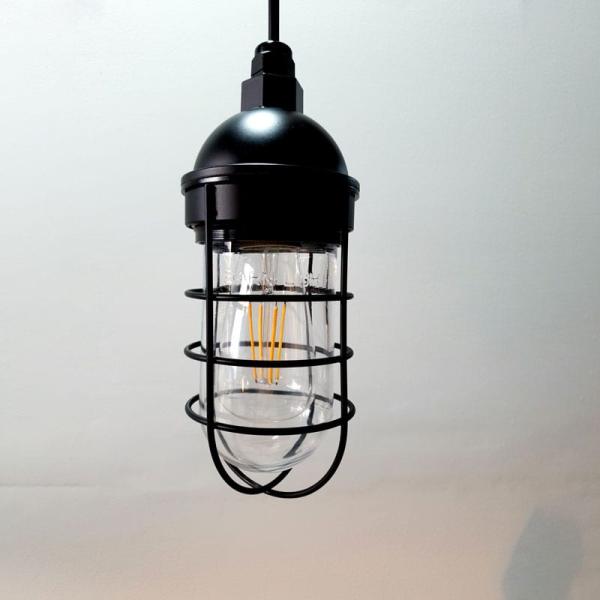 Atomic Industrial Barn Pendant in Electro Black Ace w/ Nautical Wire Guard & Clear Glass