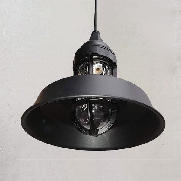 30cm / 12" Sydney Barn Pendant in Electro Black Ace Powdercoat w/ Clear Glass.

Suspended by Standard Black Cord (SBC).

Underside shown with All-Over Black Ace on Shade.
